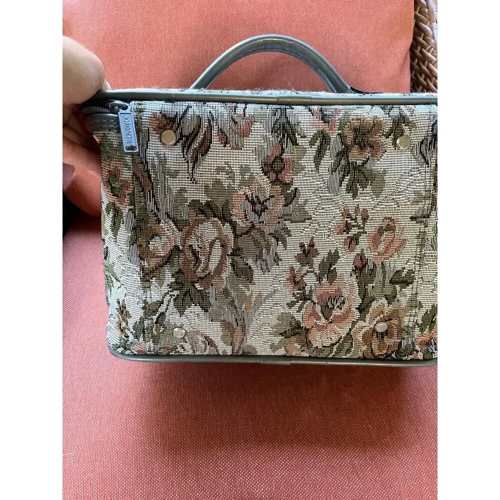 Jordache Vintage Tapestry Train Case Cosmetic Vanity Case Floral Mirror 12x9x8